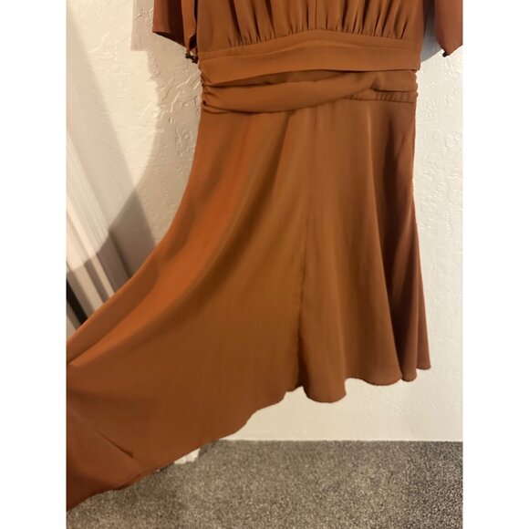 Y eShakti Retro Mocha Brown V Neck Ruched Middle Swing Midi Dress - Picture 4 of 15